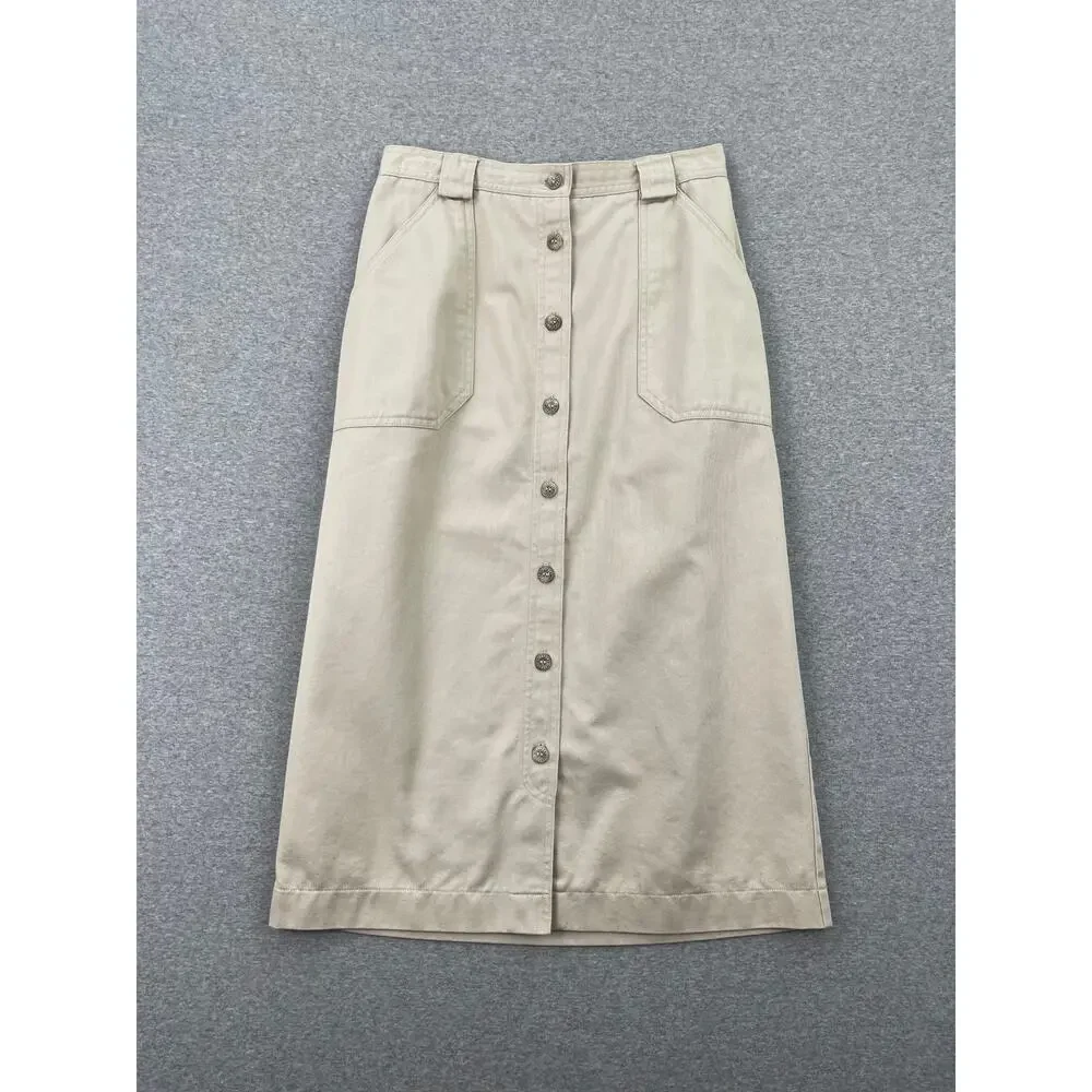Vintage y2k Liz Claiborne Button-Up Midi Skirt 6P Khaki Tan 100% Cotton Preppy